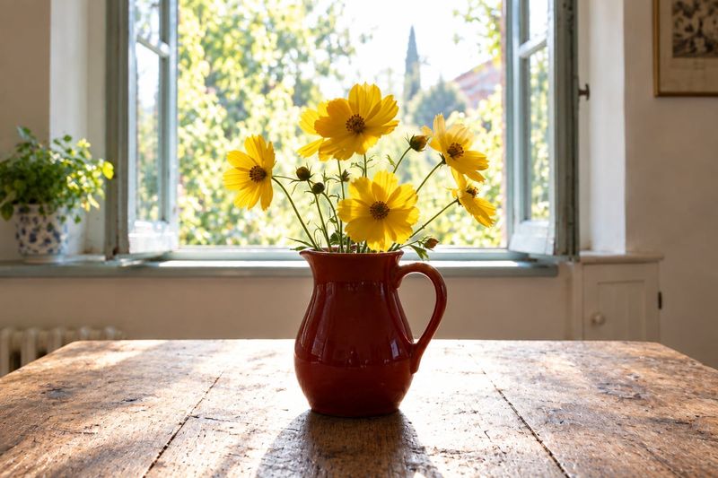 Yellow flowers in front of a bright window. The red jug on the table is mostly dark.