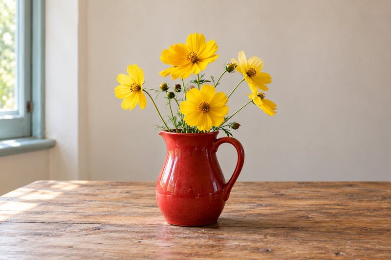 A red jug with yellow flowers in the centre of the frame on a wooden table.