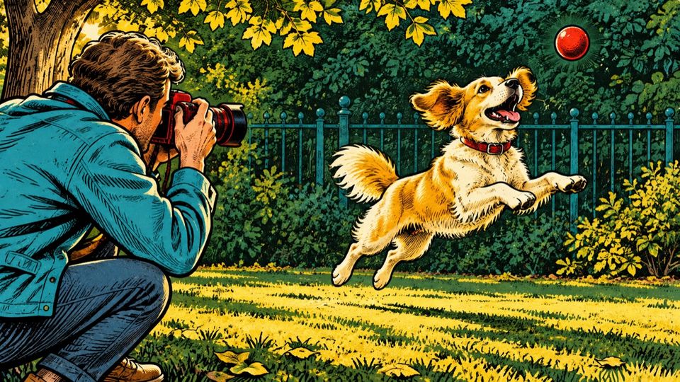 Illustration of a photographer capturing a leaping dog in warm side light.