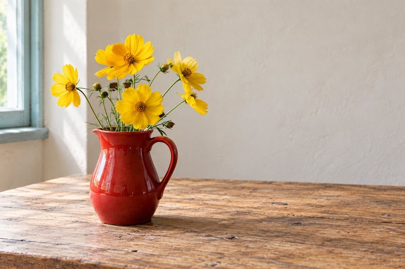 A red jug with yellow flowers to one side of the frame, with empty table space beside it.