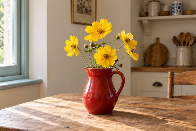 Light from the left illuminates the yellow flowers and glossy red jug on the table.